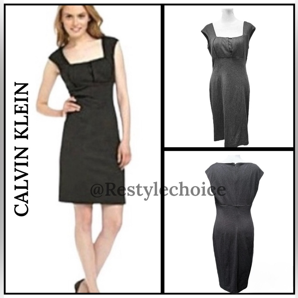 Calvin Klein Dark Grey sheath dress pleat bust detail size 4